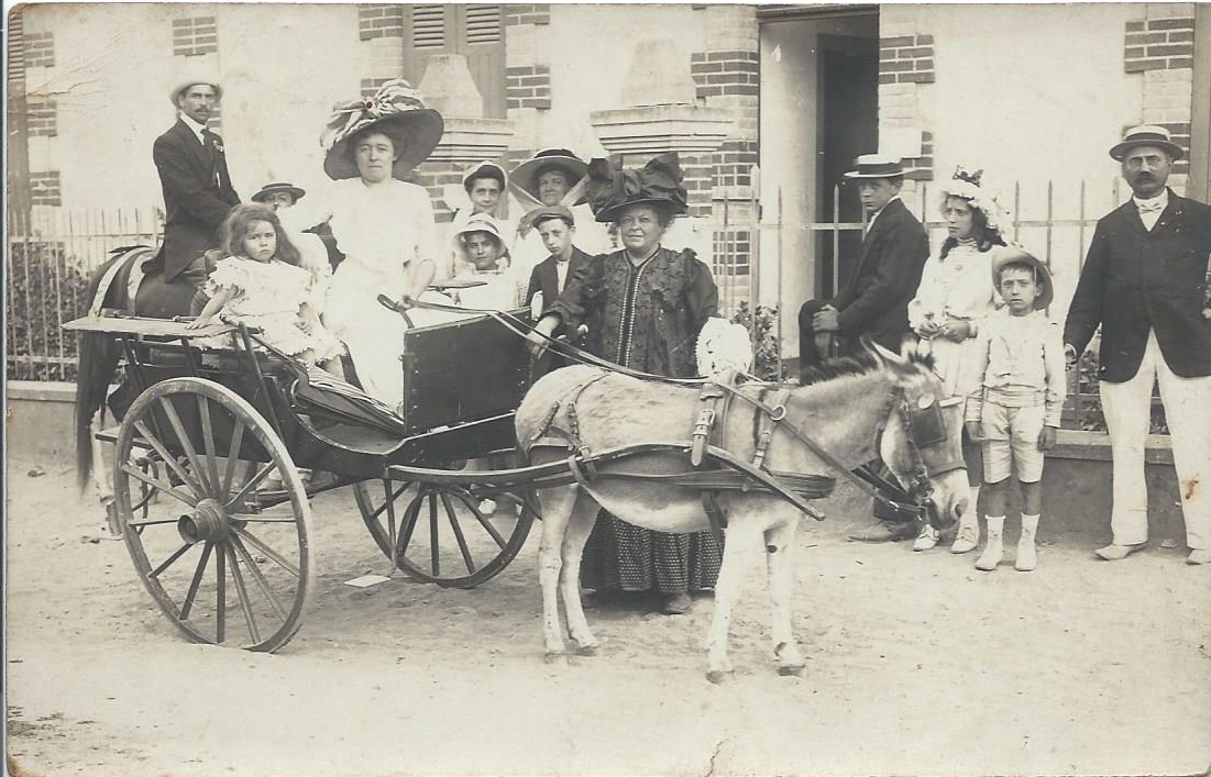 Famille réunie, âne et carriole, fin du XIXe siècle