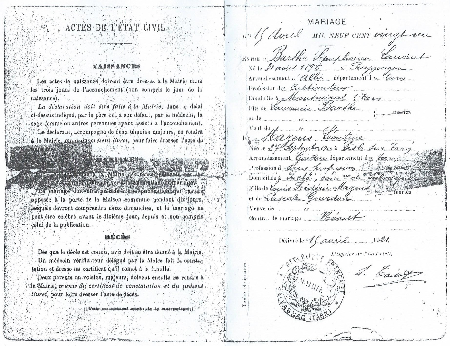 Acte de mariage de Léontine et son mari